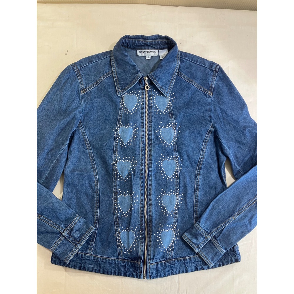 Cathy‎ Daniels Womens Blue Denim Heart Rhinestone Studded Zip Up Jacket Size S
